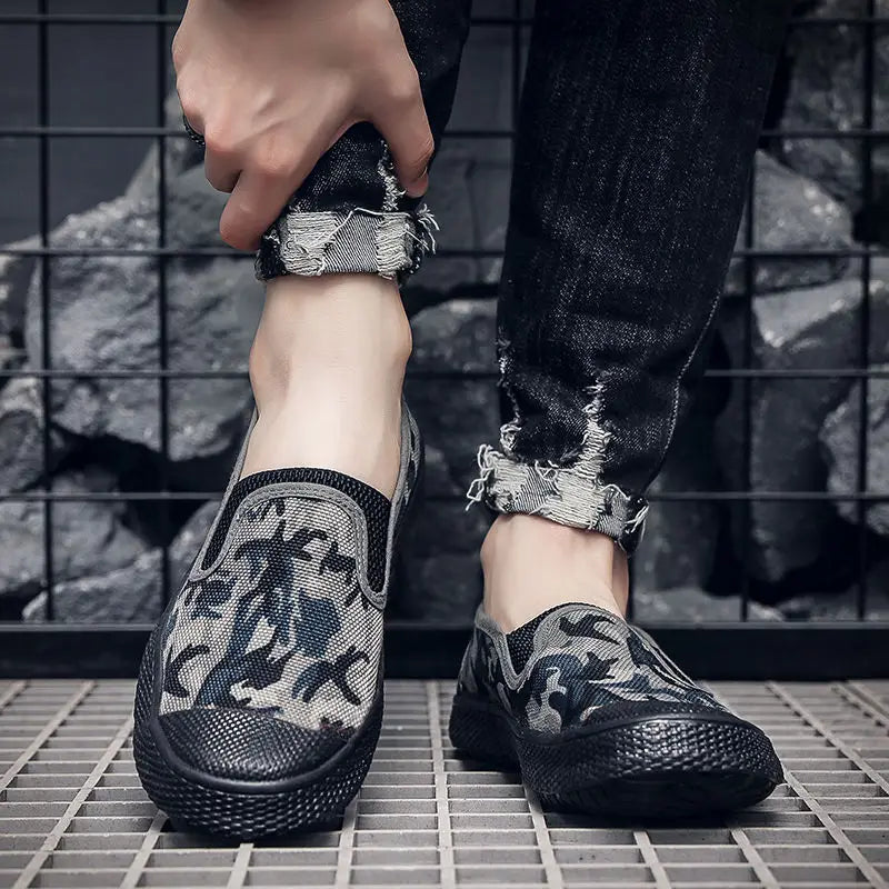 Hoyle-The man put one foot into the lazy shoes.